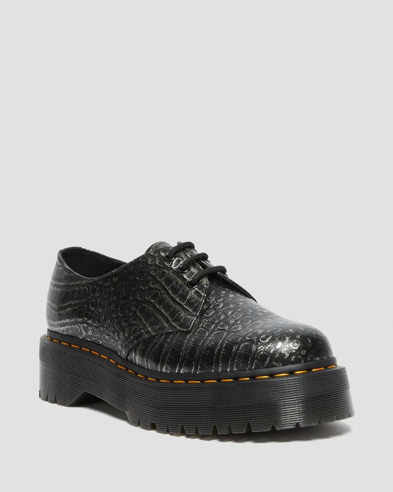 Black Women\'s Dr Martens 1461 Croc Emboss Leather Platform Shoes | CA 385KOR